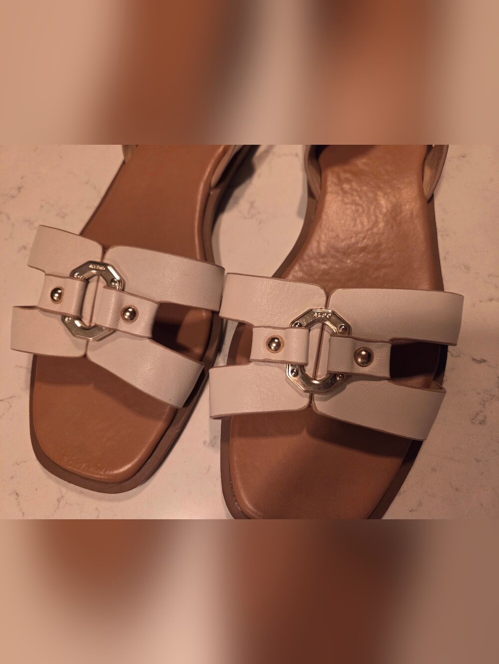 Women’s White Slide Sandals with Gold Accent